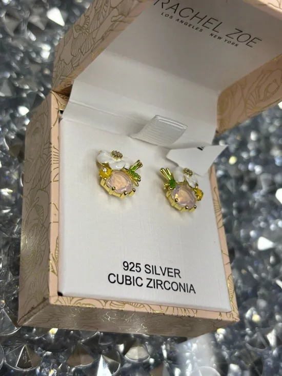 Rachel Zoe Gold-Tone Pink and Green Cubic Zirconia Stud Earrings - Picture 4 of 6